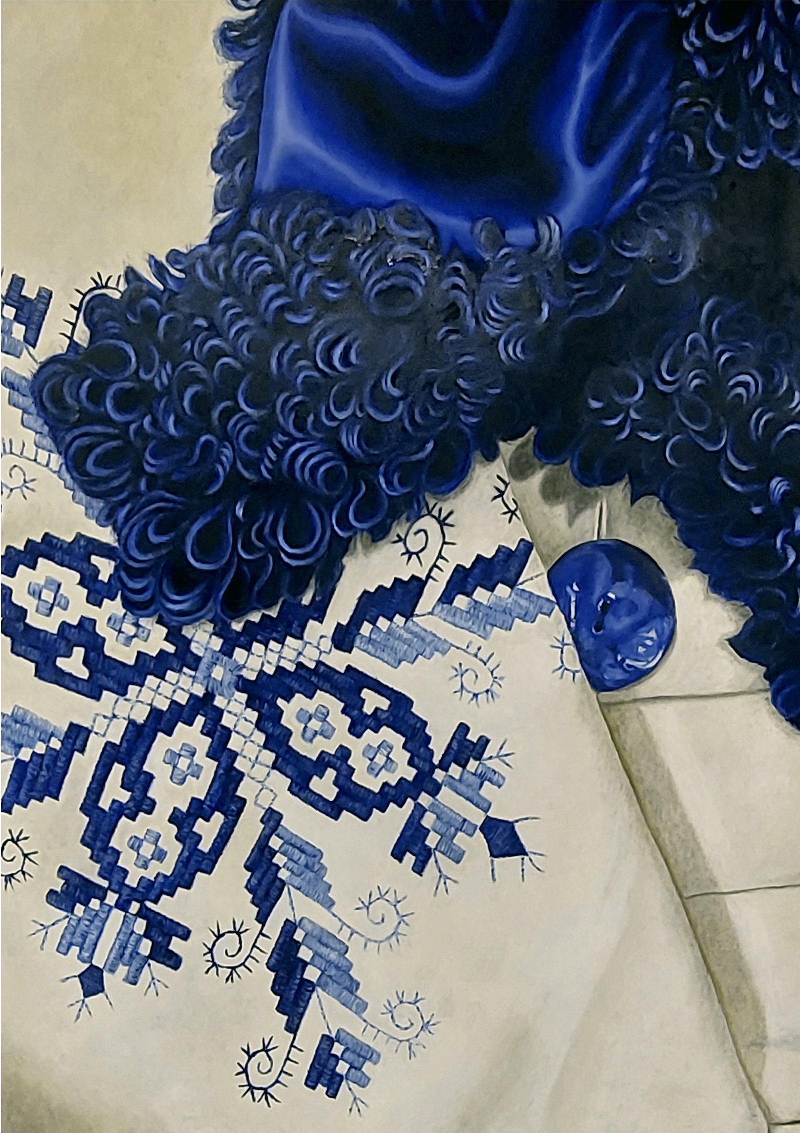 Óleo en tonos azules de Mar Mora, detalle de un bordado ampliado.