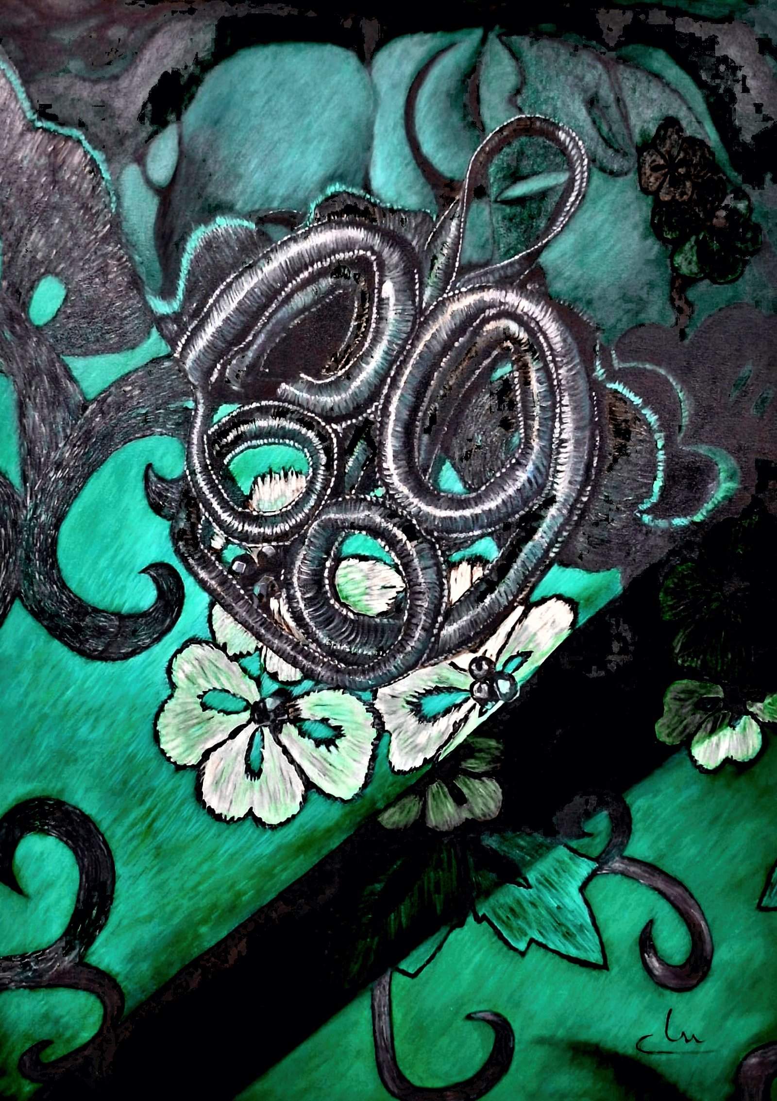 Óleo en tonos verdes, el color del icono del ojo verde de la marca.